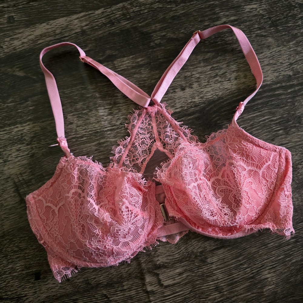 VICTORIA'S SECRET Bra Womens 34D Pink Lace Front-Close Racerback Push-Up